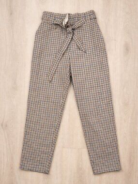H&M NWT Plaid Paperbag Waist Pants 8 Brown Blue Casual Officecore Boss Babe